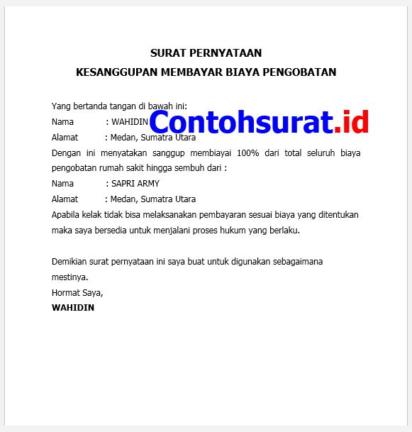 Contoh Surat Pernyataan Sanggup Membayar Biaya Pengobatan