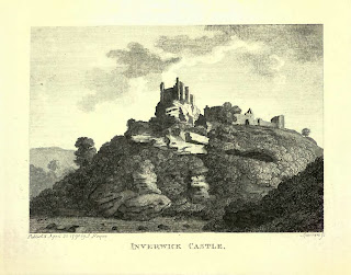 A print of a ruined castle atop a cliff.