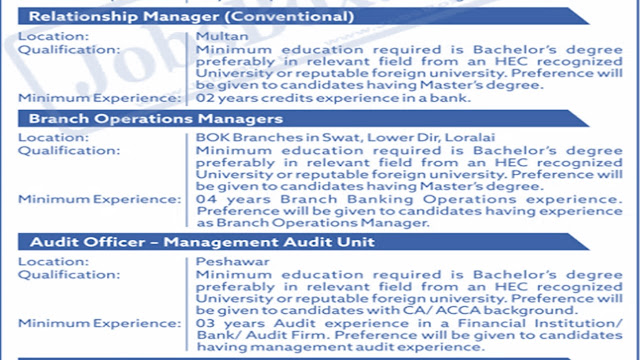 Latest jobs of  Bank of Khyber BOK 2022