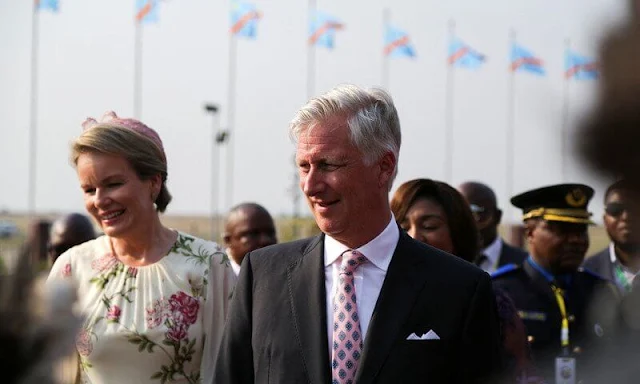 Queen Mathilde wore a floral print silk chiffon midi dress by Giambattista Valli. Denise Nyakeru Tshisekedi