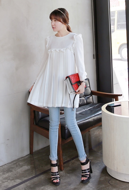 Long Sleeve Top with Ruffles and Pleats