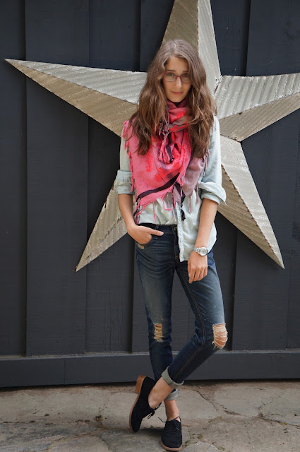 Denim on denim, pink and black scarf, black oxfords, TNA light wash denim top, rag & bone boyfriend jeans