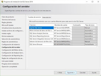 Instalación de SQL Server 2014, Configuración del servidor