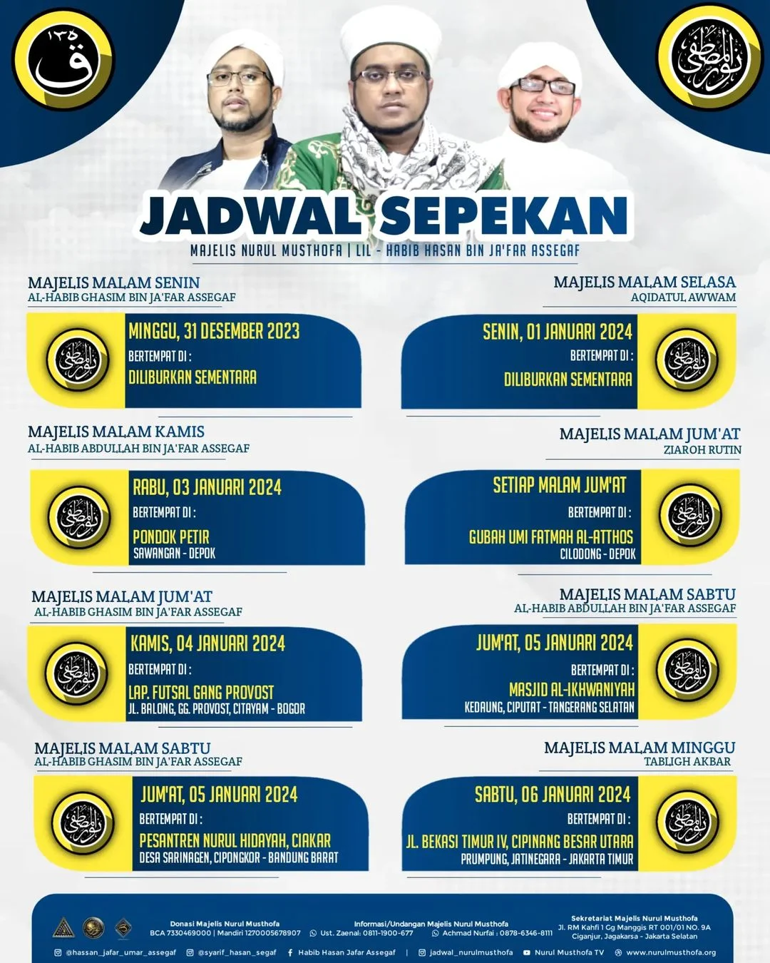 Jadwal Majlis Nurul Musthofa Minggu ini, 01-06 Januari 2024.