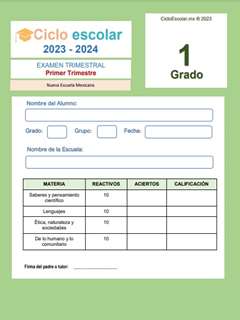 Examen Diagnóstico Primer grado Ciclo Escolar 2023-2024