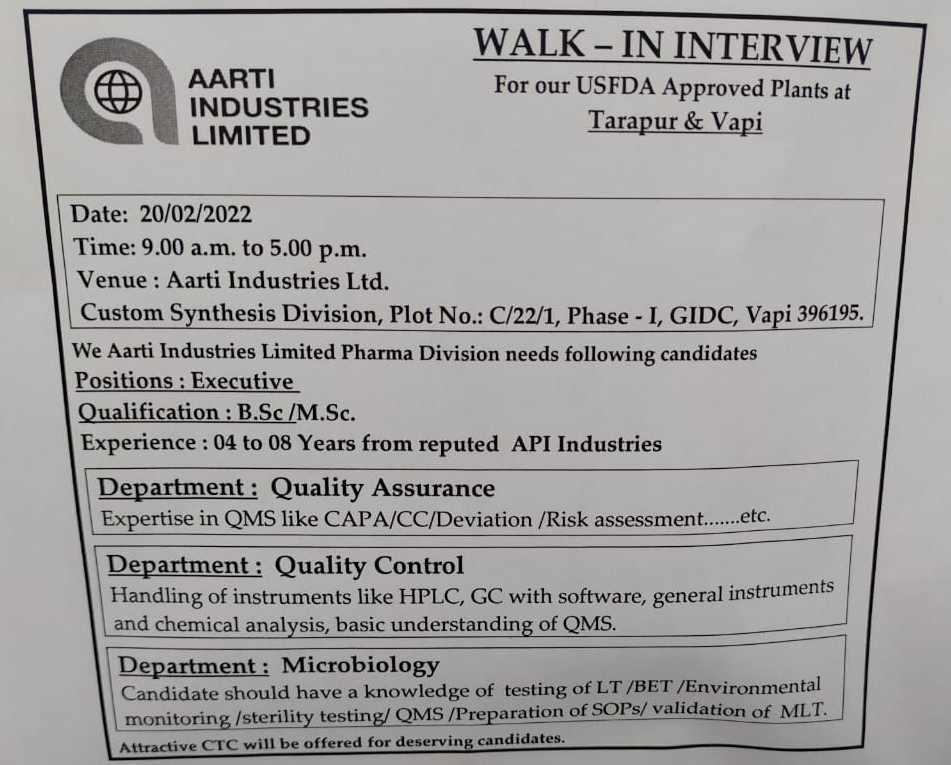 Job Availables,Aarti Industries Ltd. Walk-In-Interview For BSc/ MSc