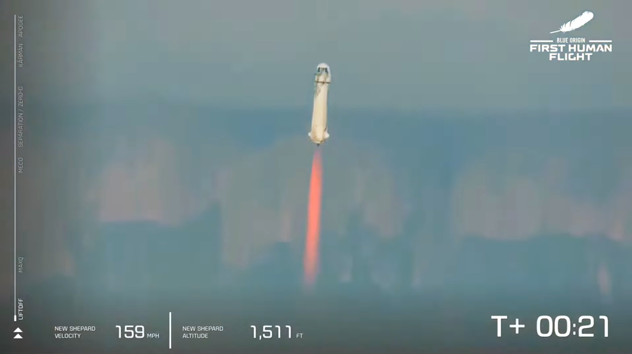 New Shepard rocket climbing. Blue Origin, 20 July 2021.