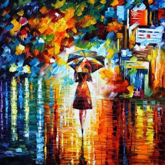 Leonid Afremov pinturas a óleo impressionista chuva outono noite cidade