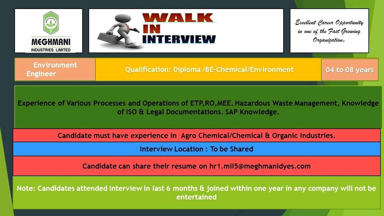 Job Availables, Meghmani Industries  Ltd Walk In Interview For Environment Department For Diploma/ BE- Chemical/ Environment