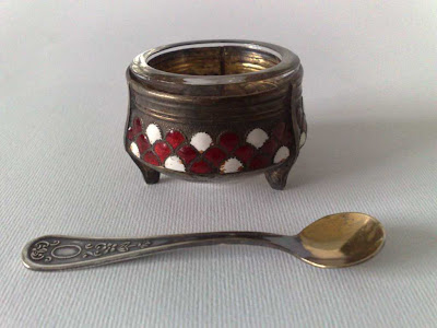 Russian Melhior/Soviet Era Enamel & Silver Alloy Salt, Spoon marked UMMET