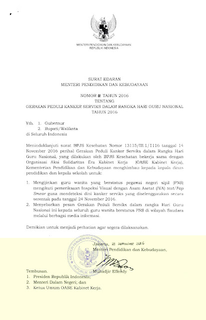 Surat Edaran Mendikbud Tentang Gerakan Peduli Kanker Serviks Dalam Rangka Hari Guru Nasional Tahun 2016