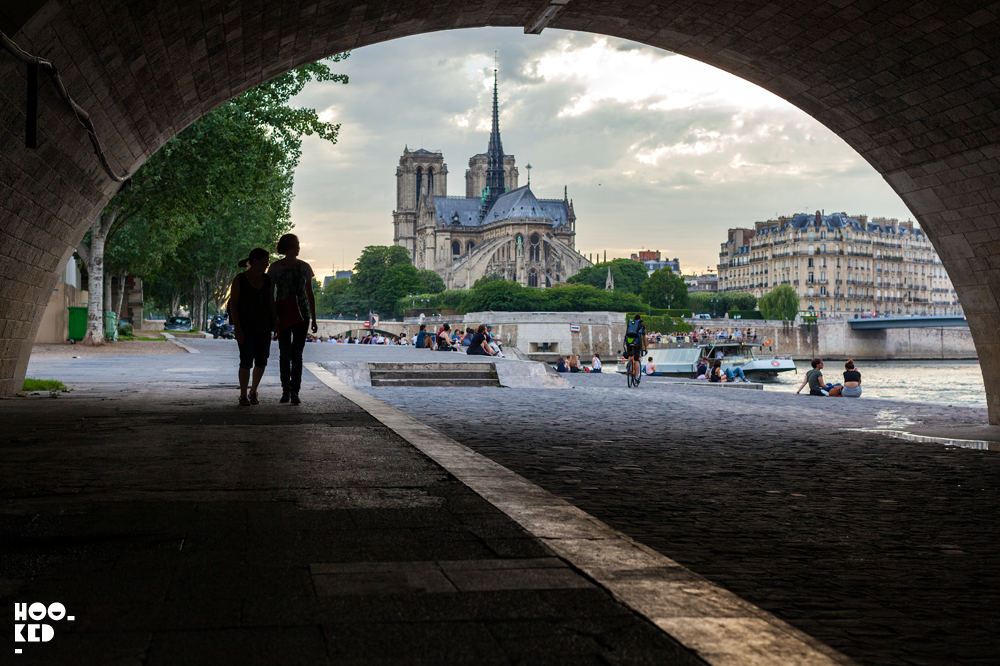 Views of Notre Dame from the banks of the Seine river in Paris, France
