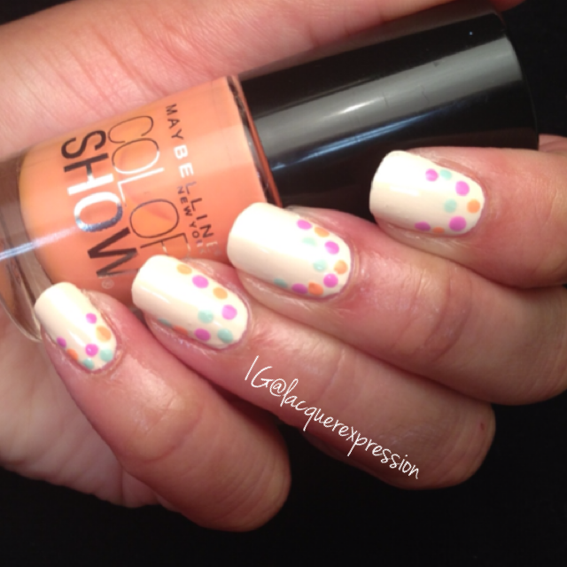 Reverse French dotticure using Pretty in Peach pastel polish by Maybelline 