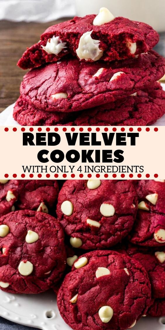 These Red Velvet Cake Mix Cookies are soft, chewy & filled with white chocolate chips. There's only 4 ingredients and they're the perfect easy red velvet cookie for Christmas or Valentine's!