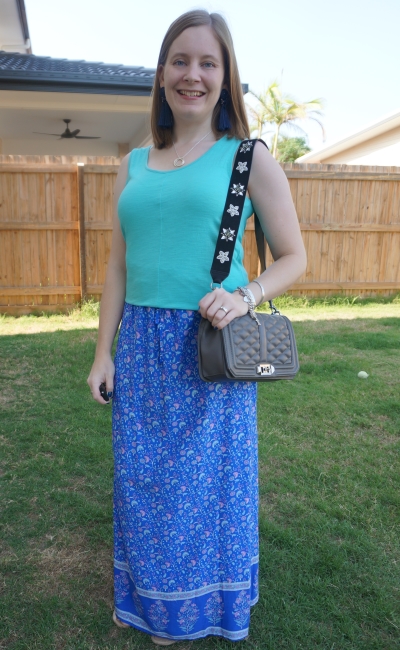 turqouise tank with Ally Fashion blue border print floral maxi skirt rebecca minkoff love bag and guitar strap | awayfromblue