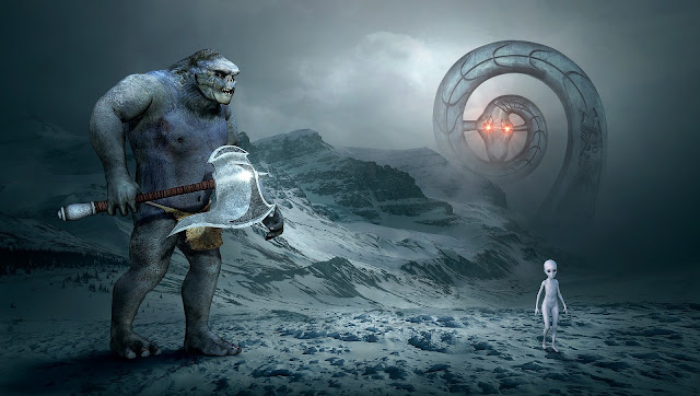 A giant ogre with an axe, a giant serpent and an alien in an arctic landscape. 