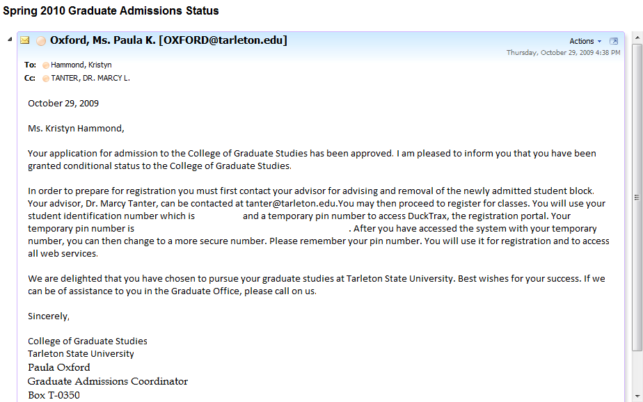 email to graduate school admissions sample