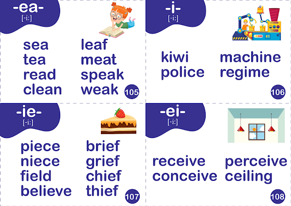 Long E sound flashcards - English phonics