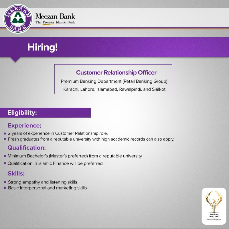 Meezan Bank Ltd Jobs For Customer Relationship Officers