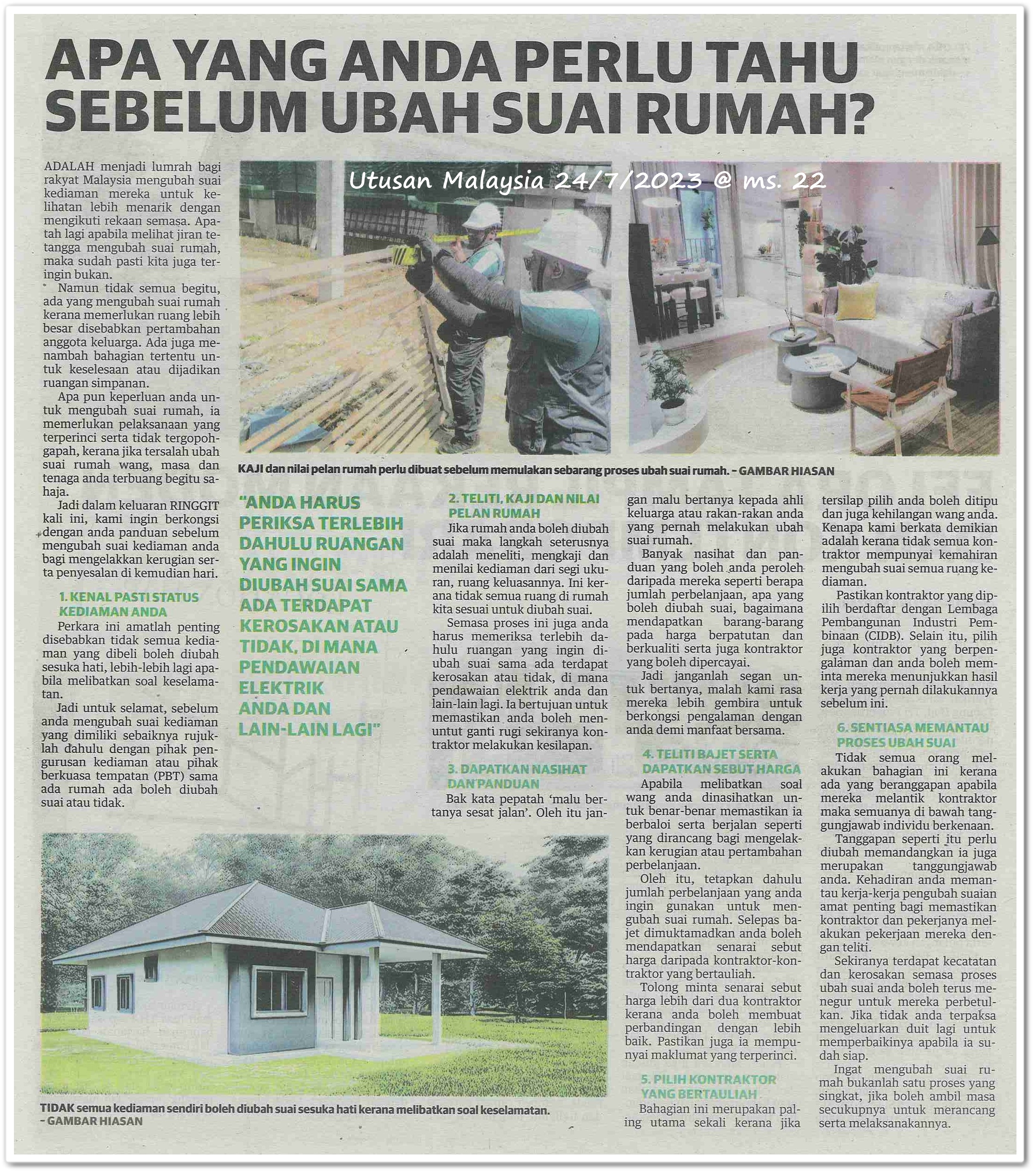 Apa yang anda perlu tahu sebelum ubah suai rumah? - Keratan akhbar Utusan Malaysia 24 Julai 2023