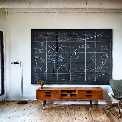 Stable Diffusion 2.1 Demo: large chalkboard filled with math equations and algebraic curves in a living room