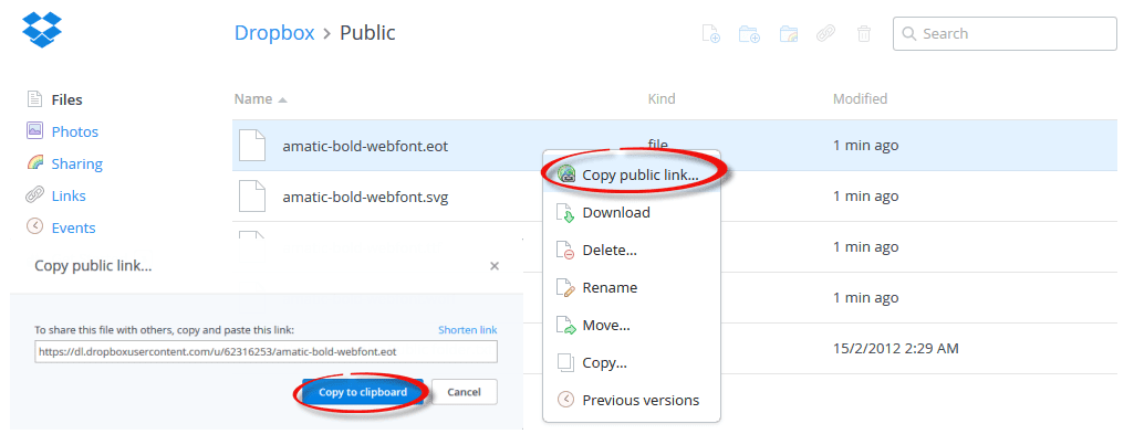 How To Upload and Use Custom Fonts in Blogger 11 copy public link in dropbox