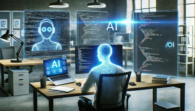 Software developer working with AI-powered coding assistant completing complex code