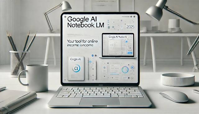A clean and modern horizontal close-up digital design featuring a laptop screen displaying an AI-powered notebook interface