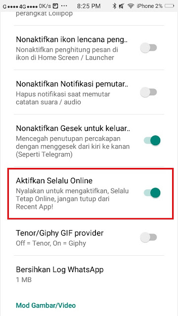 Cara menghidupkan online di Yo whatsapp