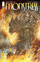 The cover to Monstress #47 features a woman in armor and a large creature standing defiantly in a field of fire