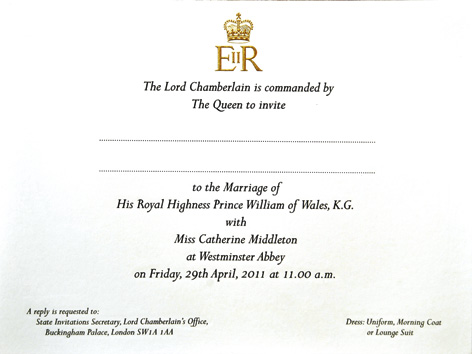 prince william and kate wedding invites. prince william royal wedding