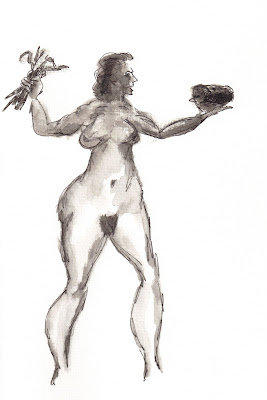 Woman Choosing Between Carrots and a Meat Loaf, a drawing by F. Lennox Campello