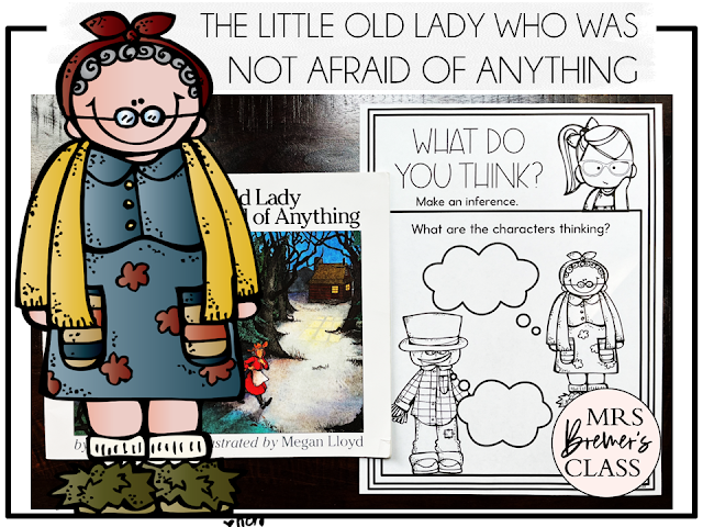 The Little Old Lady Who Was Not Afraid of Anything book activities unit with read aloud companion printables, reading comprehension worksheets, literacy lesson ideas, and a craft for Halloween in Kindergarten, First Grade, and Second Grade