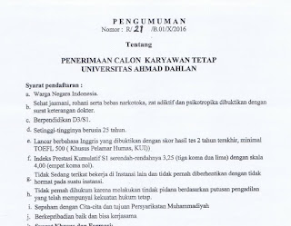 Lowongan Karyawan Tetap Universita Ahmad Dahlan