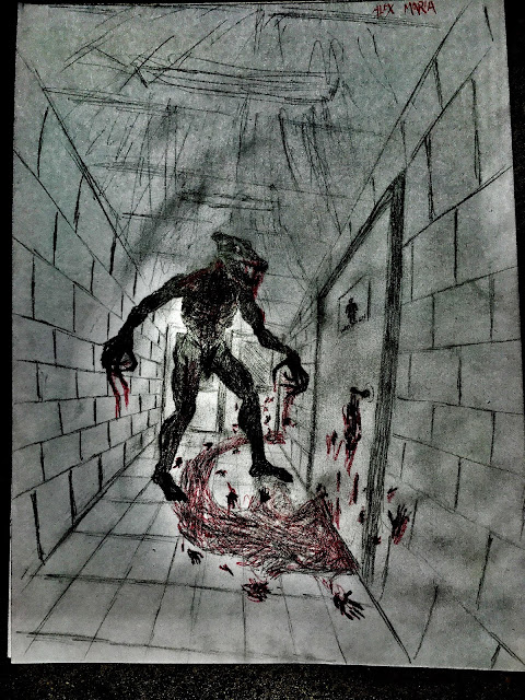 A man with claws, and a wolf skull instead of a face. He is looking at the door to lady's restroom which is covered in gore, bloody handprints. 