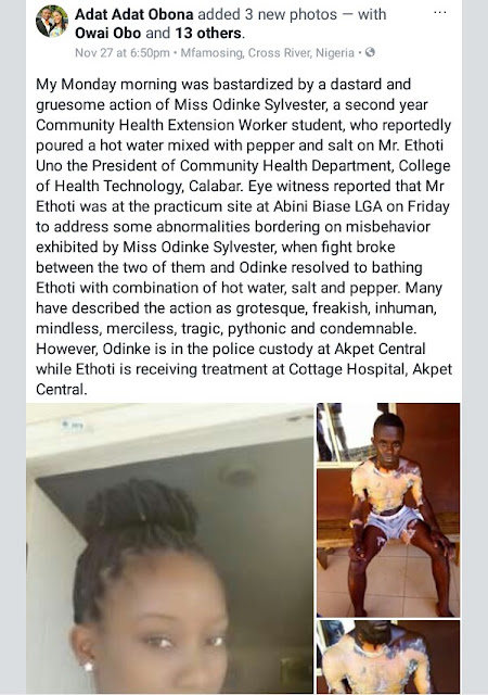  Photos: Health student throws mixture of hot water, pepper and salt on her male colleague in Calabar