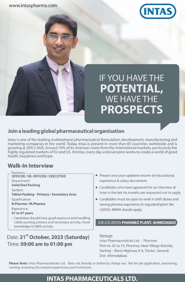 Intas Pharma | Walk-in interview for OSD - Packing on 21st October 2023