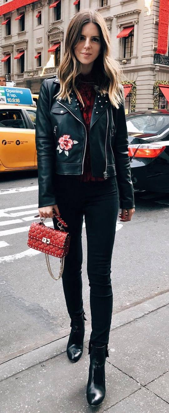 beautiful black outfit: biker jacket + pants + red bag + shirt + boots