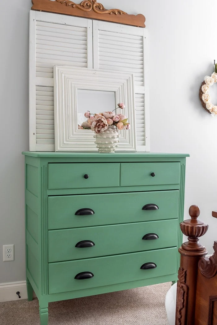 green cottage dresser, white shutters, textured pot, blush peonies