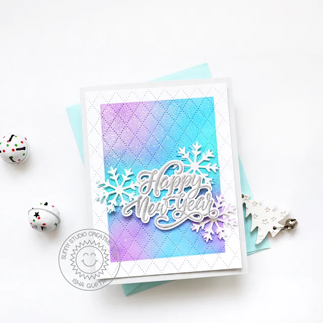 Sunny Studio Stamps: Dotted Diamond Background Die Focused New Year's Card by Isha Gupta (featuring Season's Greetings, Woolen Mitten Dies)