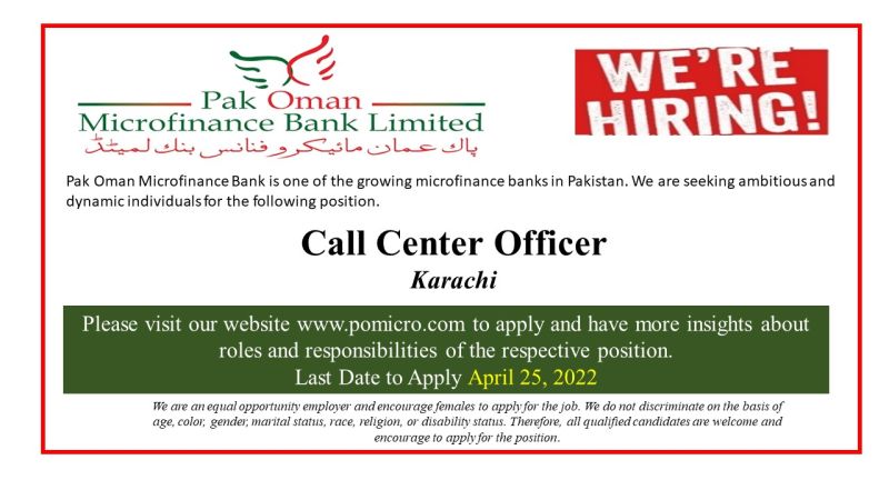 Pak Oman Microfinance Bank Jobs for Call Center Officer