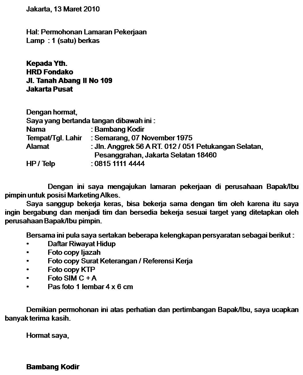 10 Contoh Surat Lamaran Kerja - ben jobs