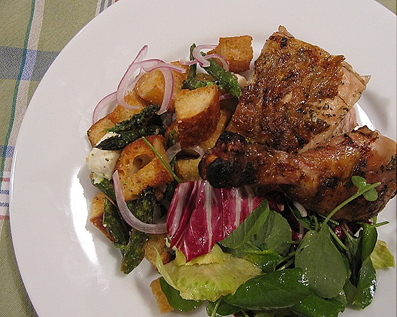 Grilled Chicken with Asparagus Panzanella & Bitter Greens Salad