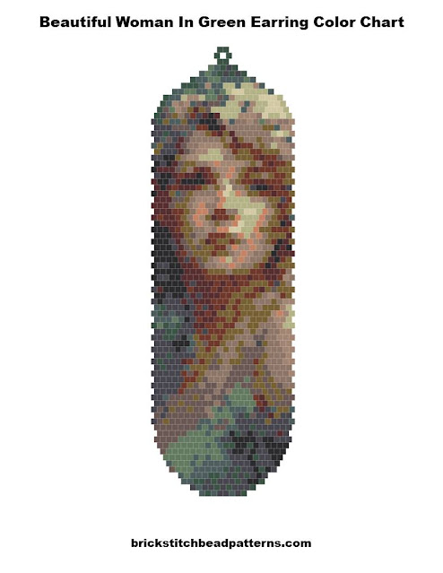 Beautiful Woman In Green Portrait Earring Free Brick Stitch Bead Pattern Color Chart