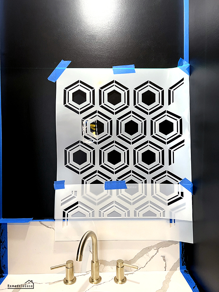 Powder room makeover with hexagon stencil design