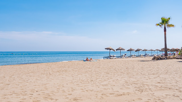 Playa amplia de arena con el mar, sombrillas y una palmera al fondo, bajo el cielo azul.