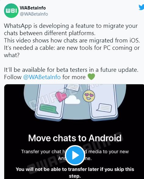In March this year, it was reported that WhatsApp was working on a feature to transfer chats between two operating systems
