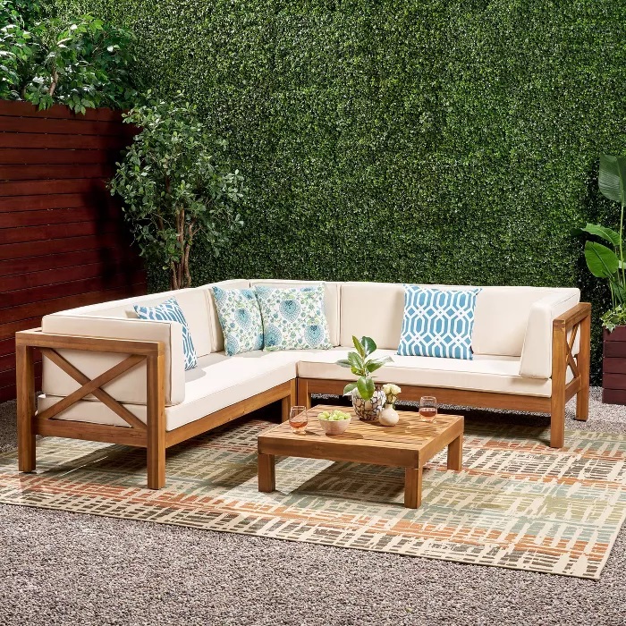 Brava 4pc Wood Patio Chat Set w/ Cushions - Beige - Christopher Knight Home