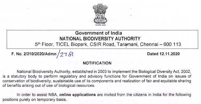 Young Professional posts in National Biodiversity Authority - last date 21/12/2020