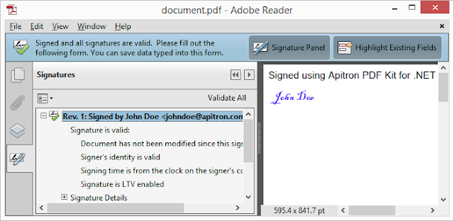Pic. 1 Signing PDF using digital signature, fixed layout API